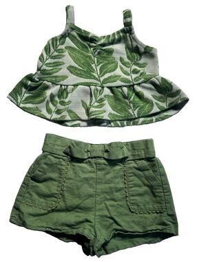Janie and Jack 2 Pc Outfit 12-18M Green Leaf Print Top Shorts Toddler